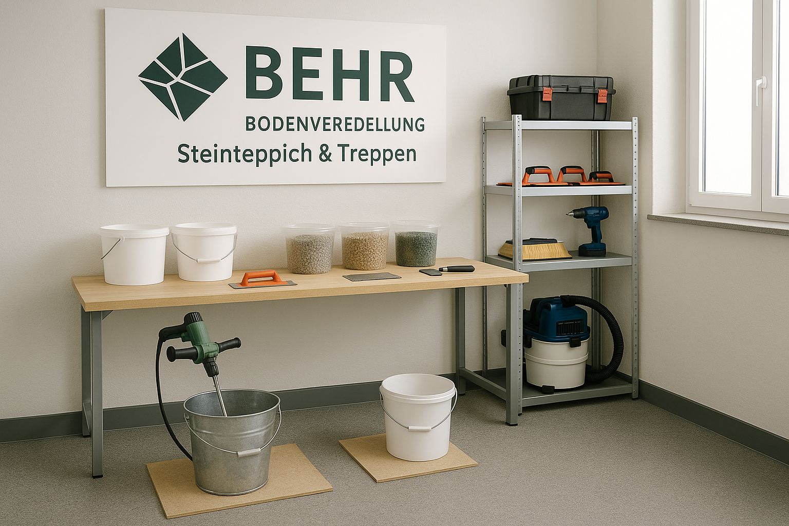 Arbeitsplatz mit Werkzeugen für Steinteppich und Bodenbeschichtung