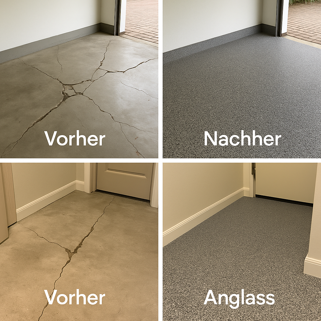 Vorher Nachher Garagenboden Epoxid und Steinteppich